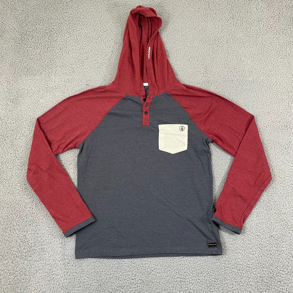 Volcom Hooded Raglan Shirt Men M Gray Red Skate Long Sleeve